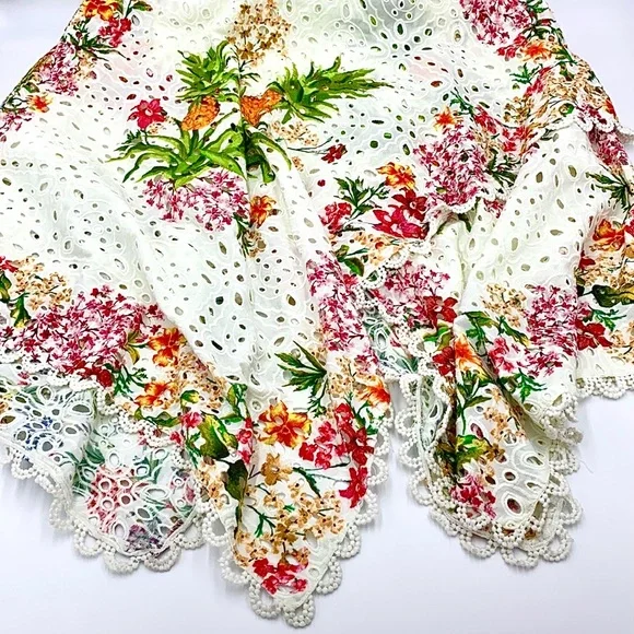 Farm Rio Delicate Forest Scarf Print Eyelet Cotton Sundress Size Small